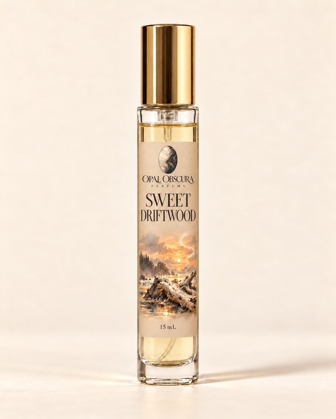 sweet driftwood 15ml perfume bottle with engraved opal logo