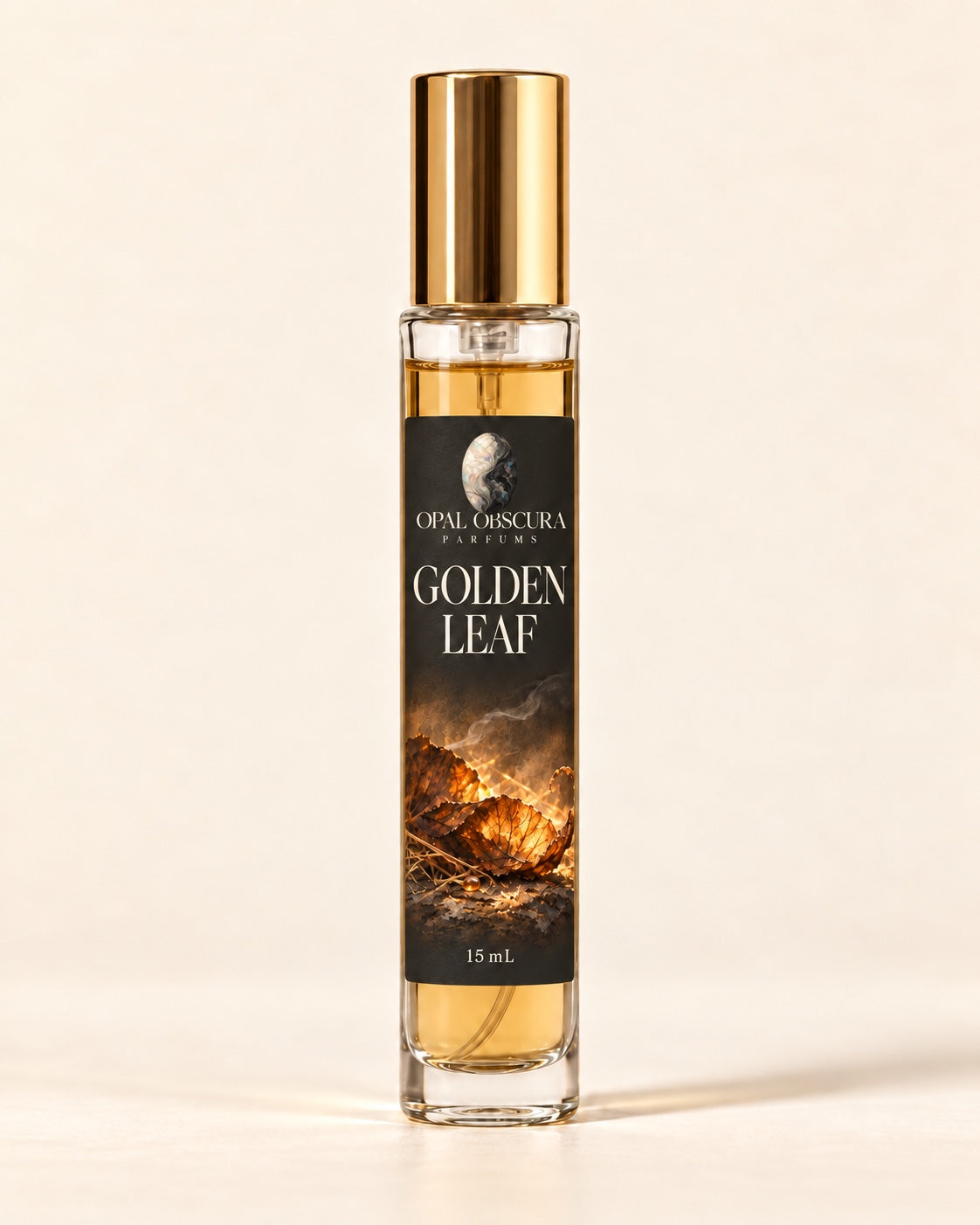 golden leaf 15ml perfume bottle with engraved opal logo