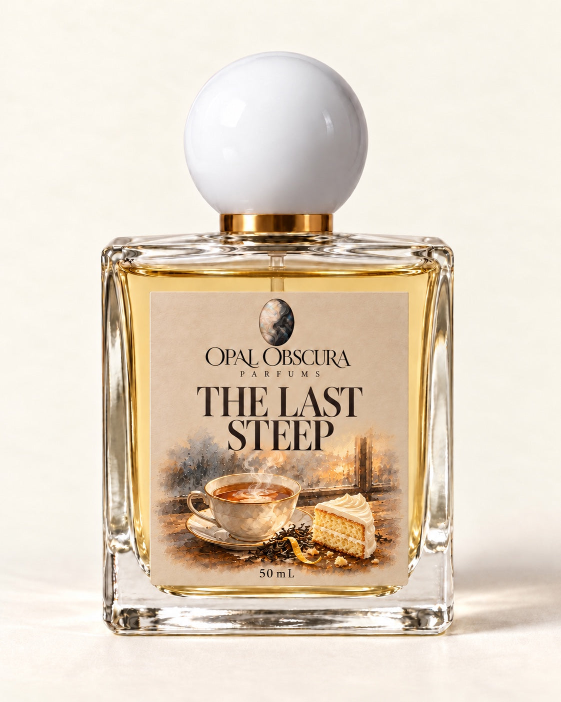 The Last Steep 50 mL bottle with tea and vanilla cake illustration